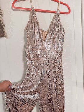 Sequin Jumpsuit with Deep V-Neck in champagne